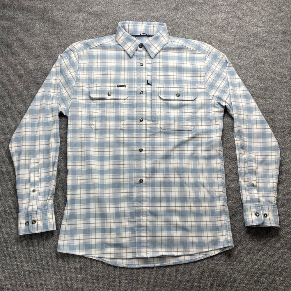 Poncho Outdoors Mens Slim Fit The Cashiers Flannel Shirt Blue White Plaid S